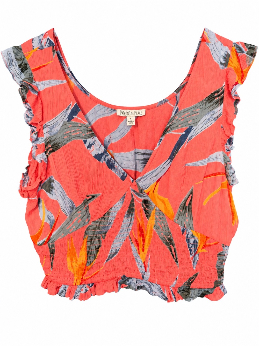 Patrons of Peace Coral Tropical Print Ruffle Smocked Top Size Large
